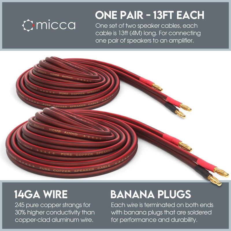 Micca 14 Gauge Pure Copper Speaker Cables, 13 Feet Each (4 Meters), 2 Pack Pair, Gold Plated Banana Plugs Connectors, Soldered Construction, Slim Design, 245 Strands, for Stereo or Home Theater - Image 2
